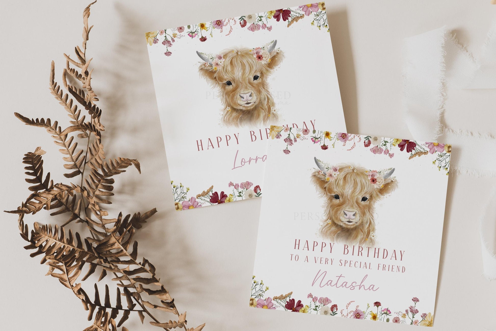 Highland Cow Birthday Card, Personalised Birthday Card for Mum, Daughter, Sister, Friend, Highland Cow with Wildflowers Card for Any Age