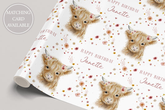 Highland Cow Birthday Gift Wrapping Paper for Her, Personalised Highland Cow and Wildflowers Birthday Gift Wrap - Any Age Birthday Gift Wrap