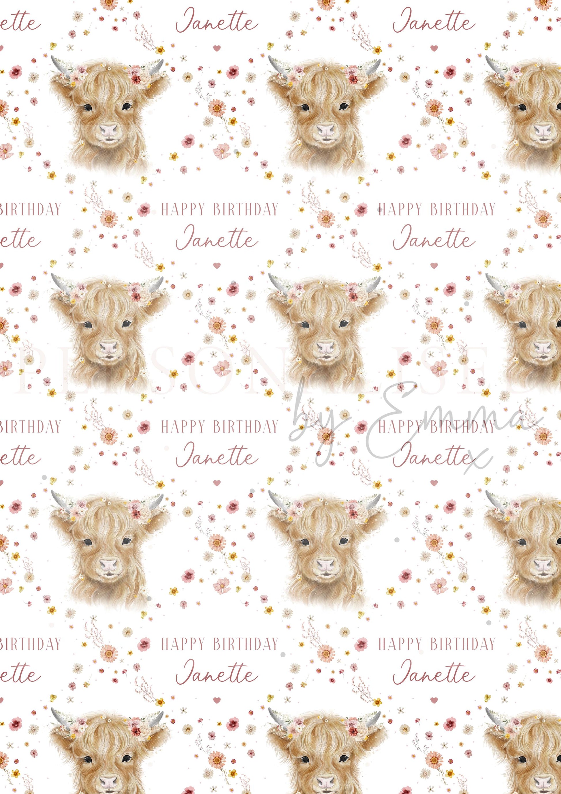 Highland Cow Birthday Gift Wrapping Paper for Her, Personalised Highland Cow and Wildflowers Birthday Gift Wrap - Any Age Birthday Gift Wrap