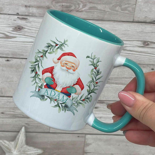 Personalised Christmas Mug, Red or Teal Handled Santa Mug, Christmas Movie Mug, Hot Chocolate Mug, Christmas Eve Box, Stocking Filler