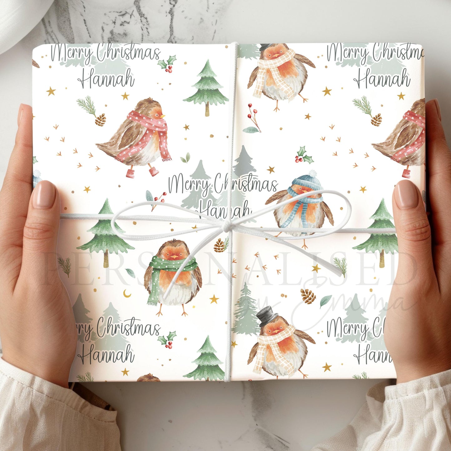 Personalised Christmas Gift Wrapping Paper, Christmas Robins Xmas Wrapping Paper for Her, for Him, Winter Robins Gift Wrap