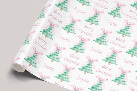 Christmas Gift Wrapping Paper for Her, Personalised Xmas Wrapping Paper for Mum, Daughter, Granddaughter, Sister, Friend, Xmas Tree Pink Bow