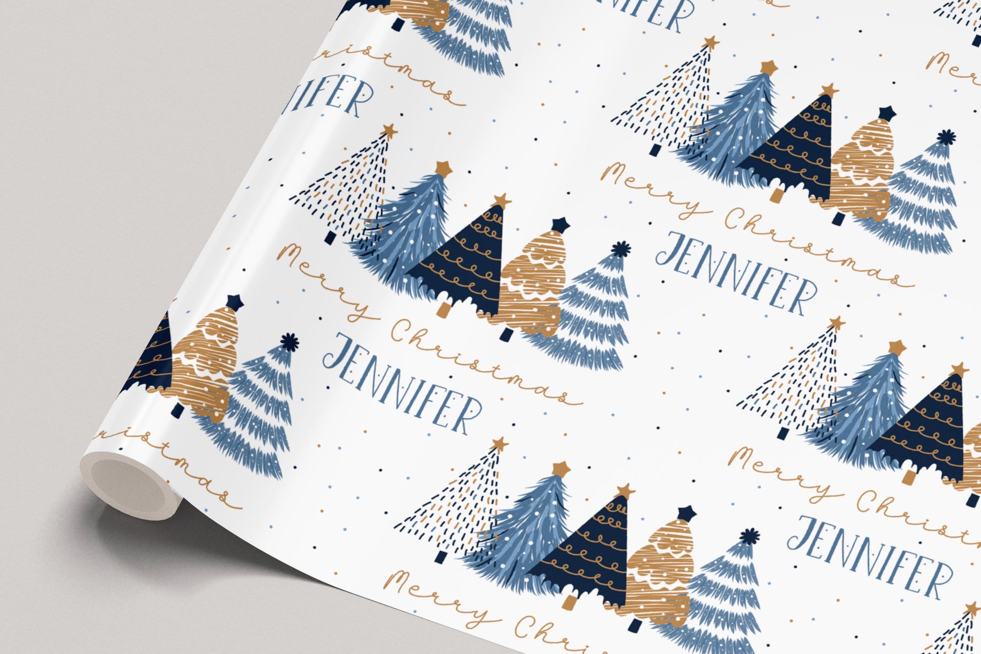 Christmas Gift Wrapping Paper for Her, Personalised Xmas Wrapping Paper Roll, Blue and Gold Christmas Trees, Gift Wrap for Her