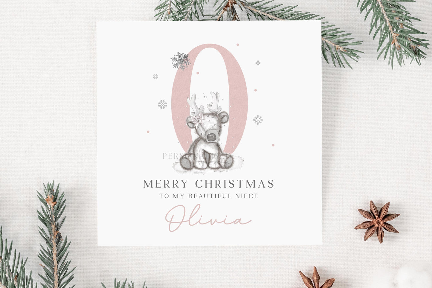 Personalised Girl's Christmas Card, Christmas Card for Daughter, Granddaughter, Sister, Niece, Goddaughter, Pink Reindeer Alphabet