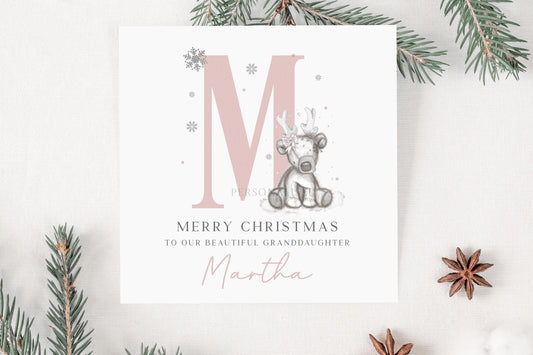 Personalised Girl's Christmas Card, Christmas Card for Daughter, Granddaughter, Sister, Niece, Goddaughter, Pink Reindeer Alphabet