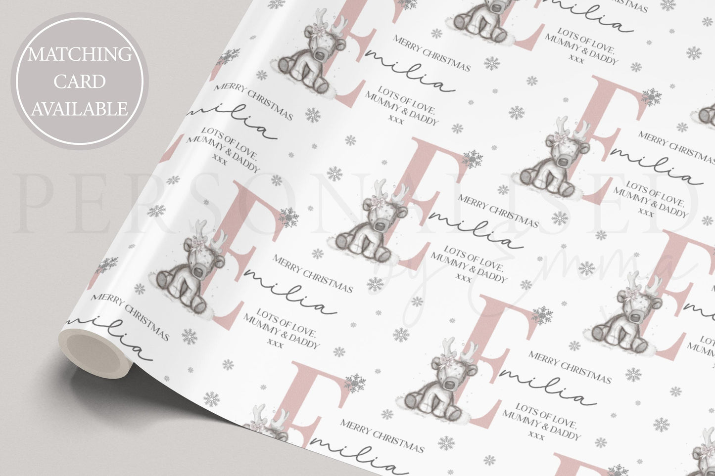 Girl's Christmas Gift Wrapping Paper, Personalised Girl's Christmas Wrapping Paper, Pink Initial Reindeer Gift Wrap Daughter, Granddaughter