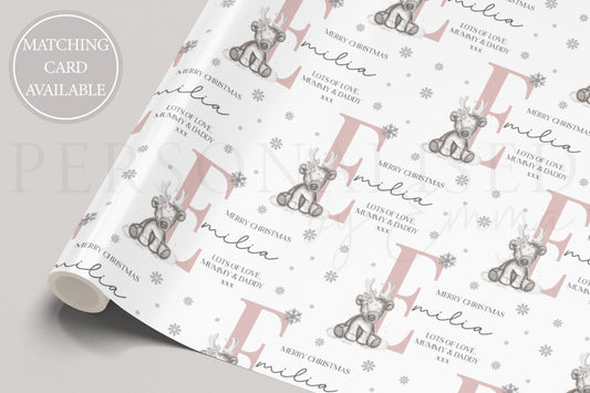 Girl's Christmas Gift Wrapping Paper, Personalised Girl's Christmas Wrapping Paper, Pink Initial Reindeer Gift Wrap Daughter, Granddaughter