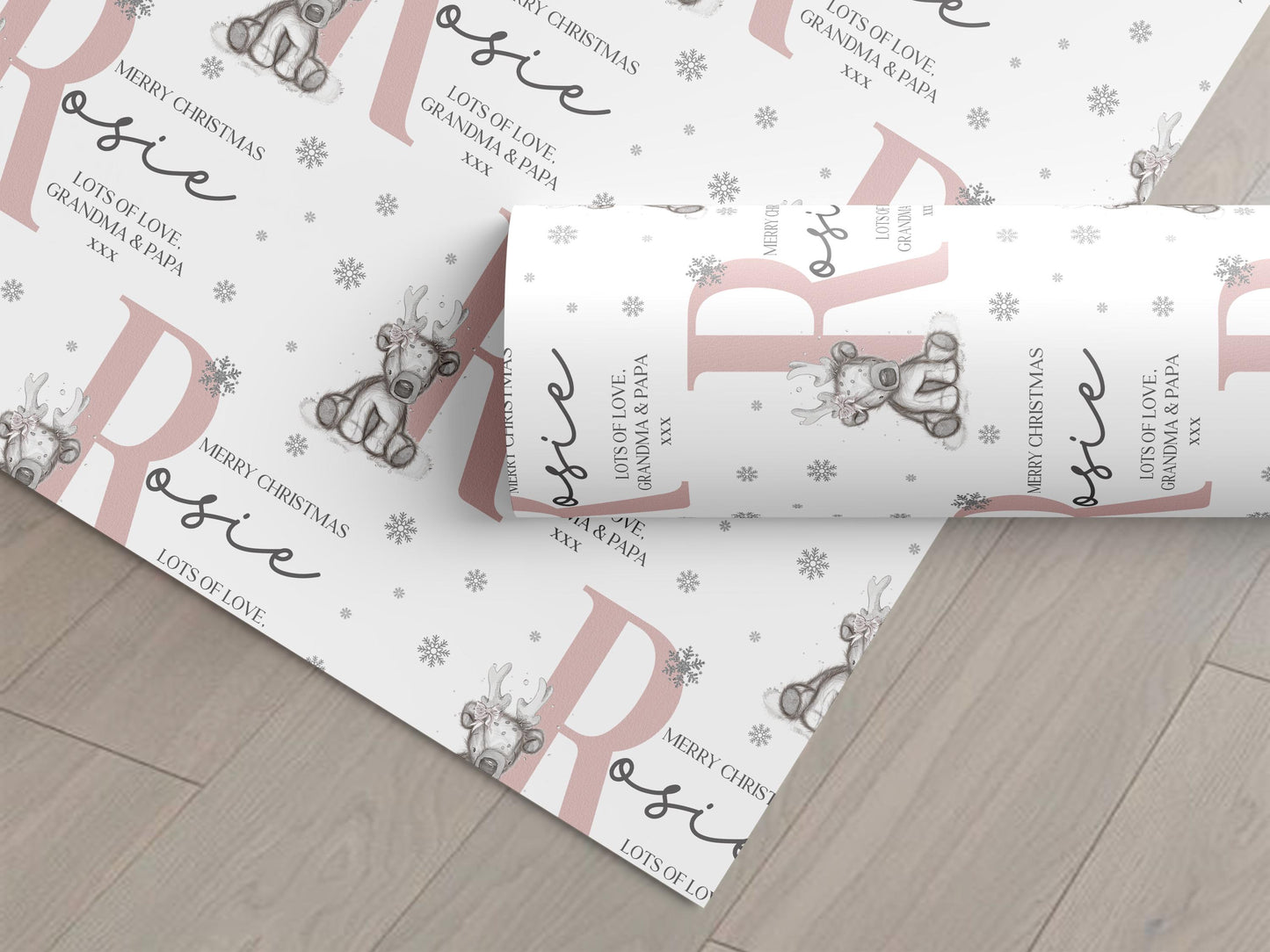 Girl's Christmas Gift Wrapping Paper, Personalised Girl's Christmas Wrapping Paper, Pink Initial Reindeer Gift Wrap Daughter, Granddaughter