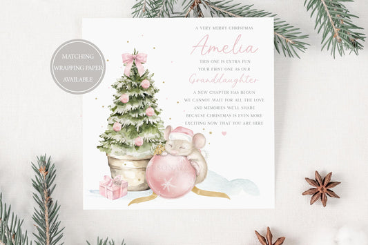 Baby Girl's Pink First Christmas Card, Personalised Girl's 1st Christmas Card for Daughter, Granddaughter, Niece, Goddaughter, Cute Mouse