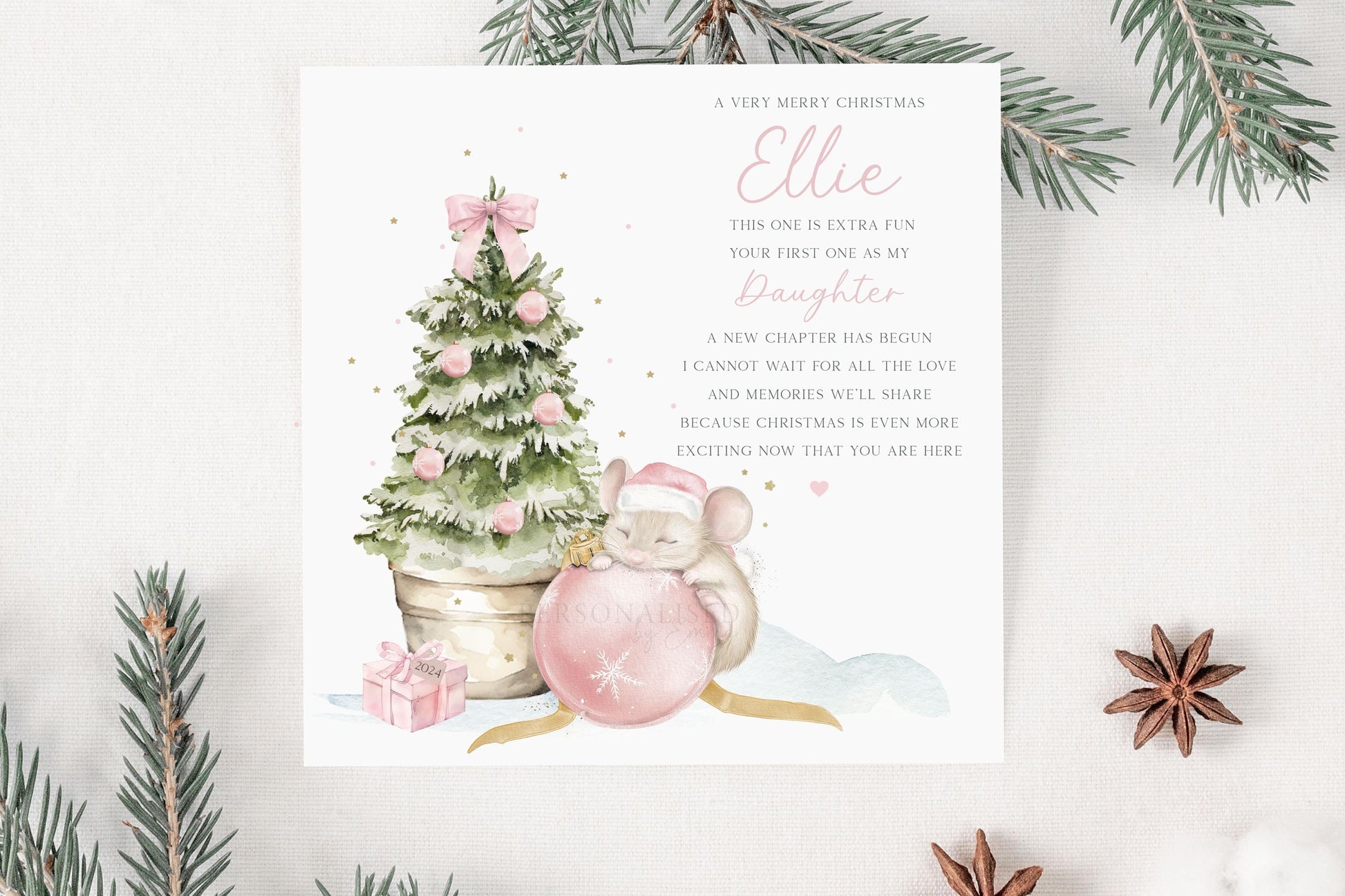 Baby Girl's Pink First Christmas Card, Personalised Girl's 1st Christmas Card for Daughter, Granddaughter, Niece, Goddaughter, Cute Mouse