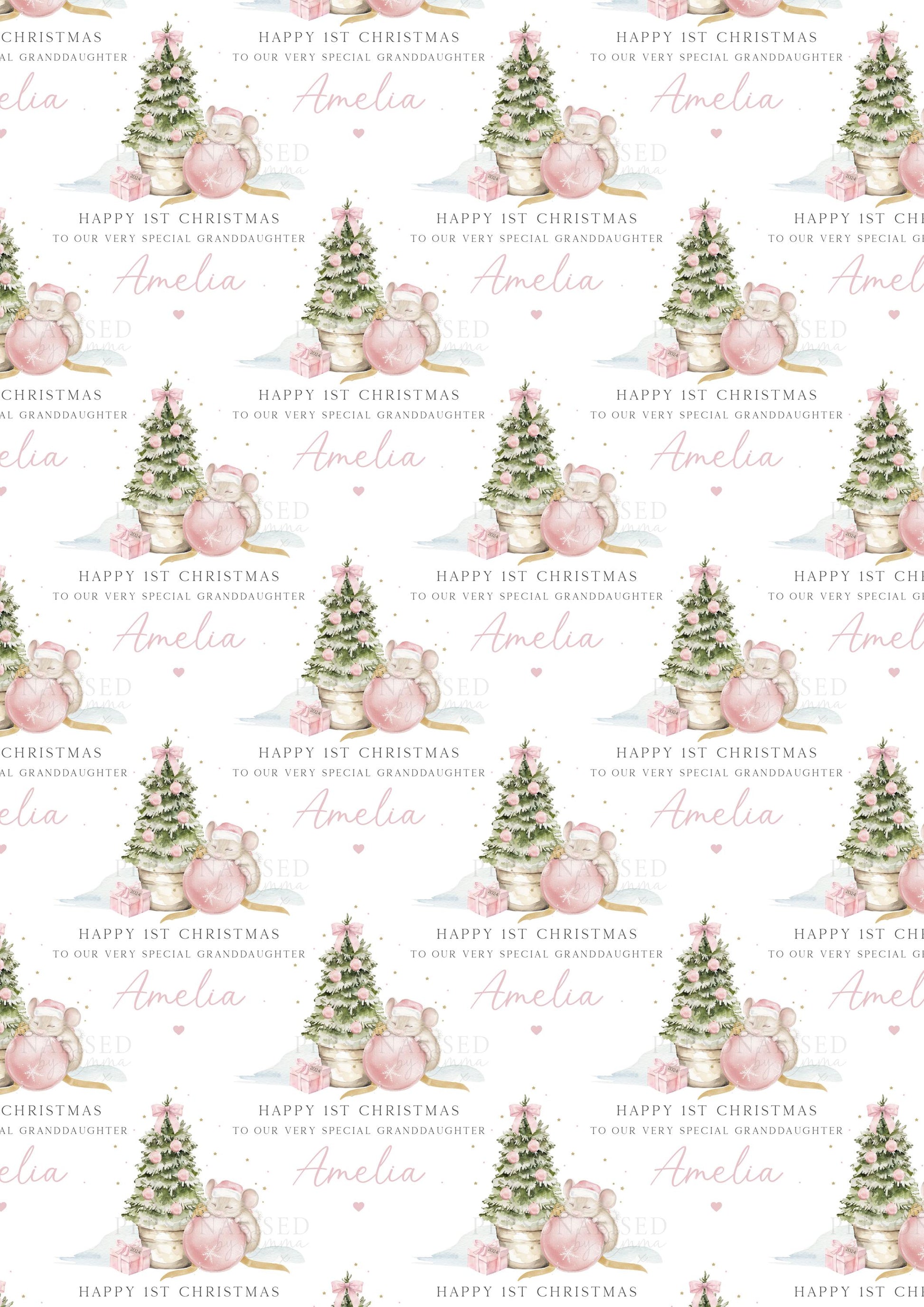 Girl's First Christmas Cute Mouse Gift Wrapping Paper, Personalised Girl's 1st Xmas Wrapping Paper, 1st Xmas Gift Wrap, Pink First Christmas