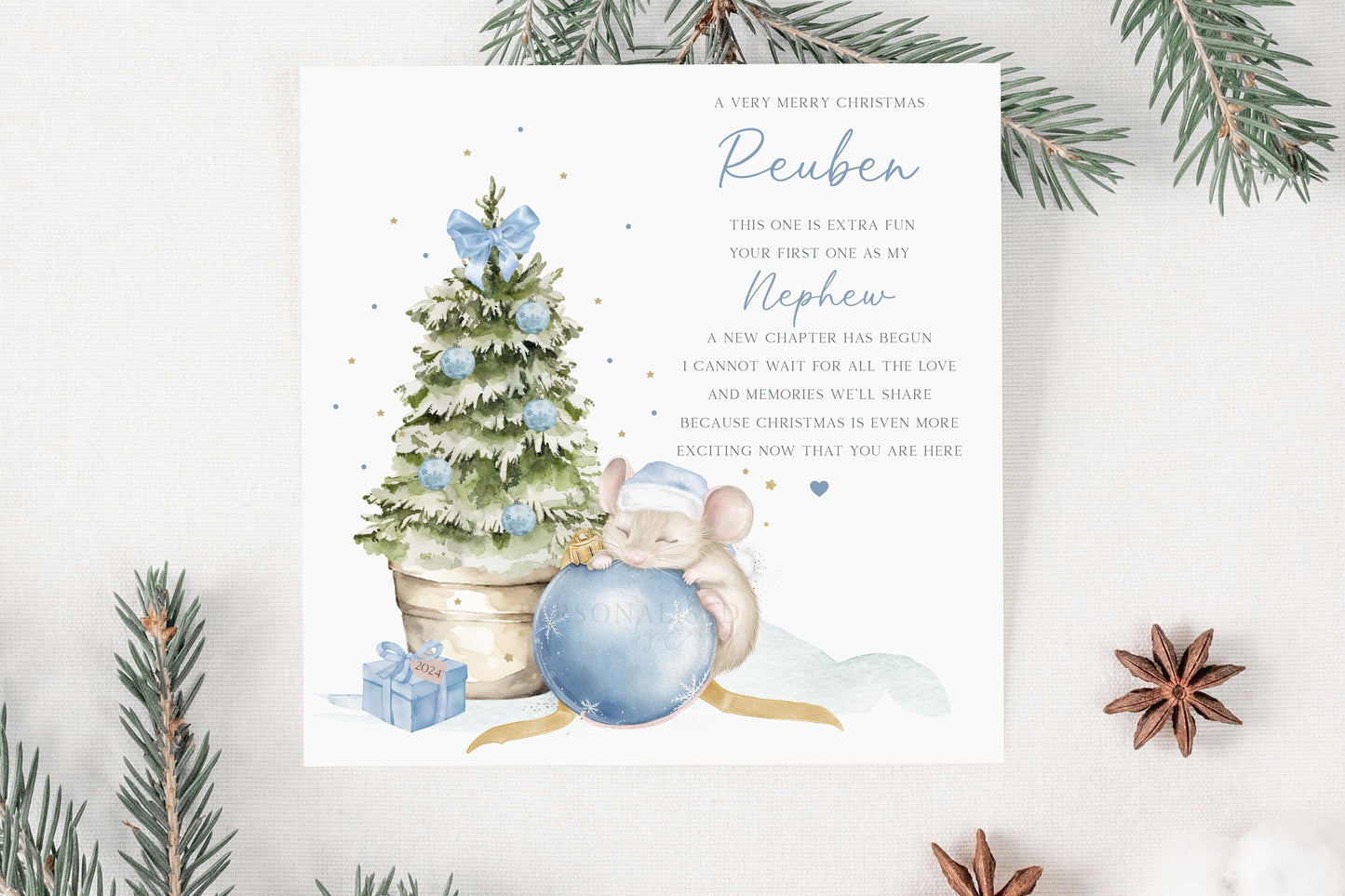 Baby Boy's Blue First Christmas Card, Personalised Boy's 1st Christmas Card for Son, Grandson, Nephew, Godson, Cute Mouse on Blue Bauble