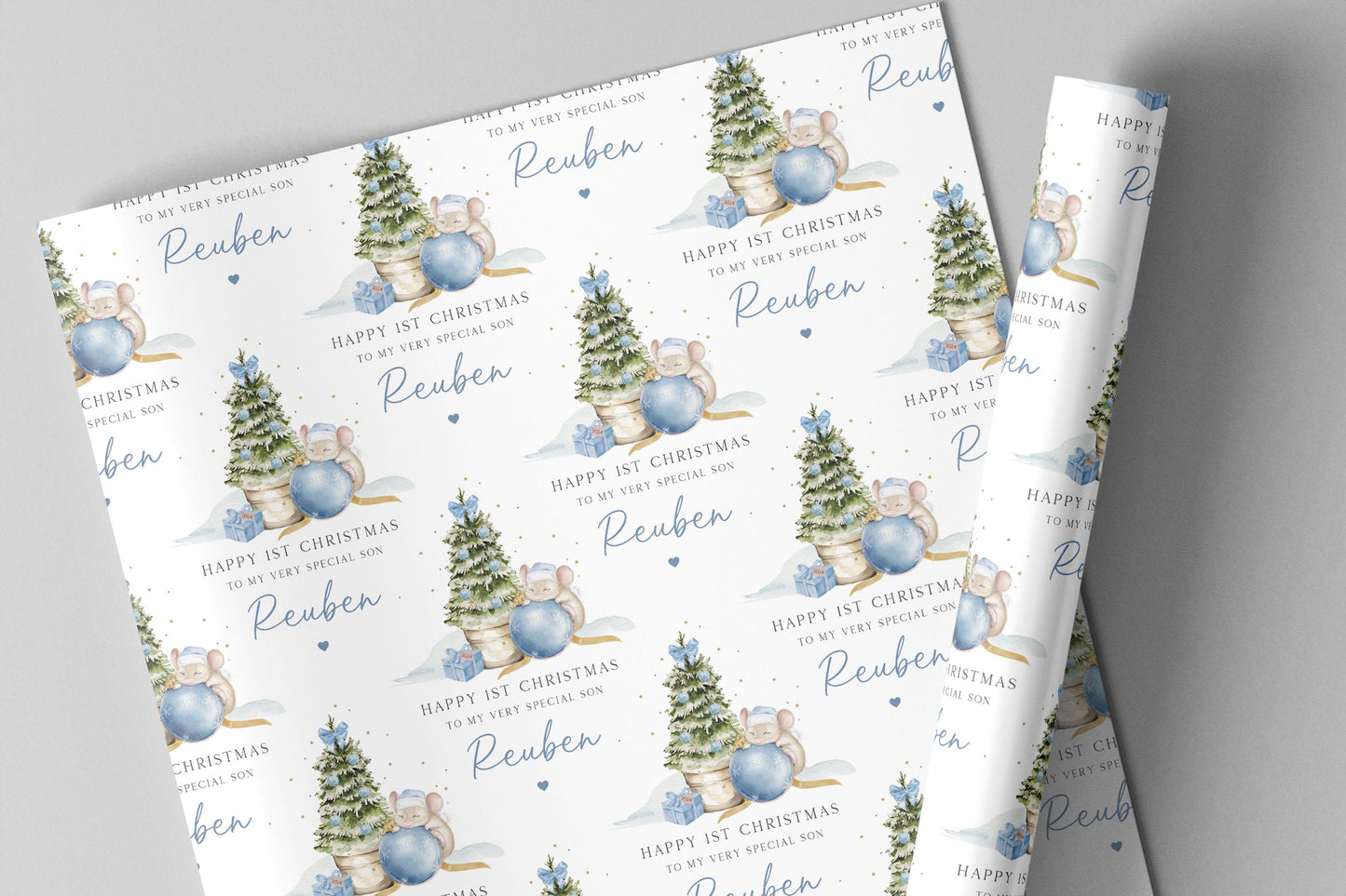 Baby Boy's Blue First Christmas Card, Personalised Boy's 1st Christmas Card for Son, Grandson, Nephew, Godson, Cute Mouse on Blue Bauble