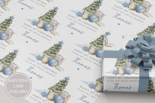 Boy's First Christmas Cute Mouse Gift Wrapping Paper, Personalised Boy's 1st Xmas Wrapping Paper, 1st Xmas Gift Wrap, Blue First Christmas