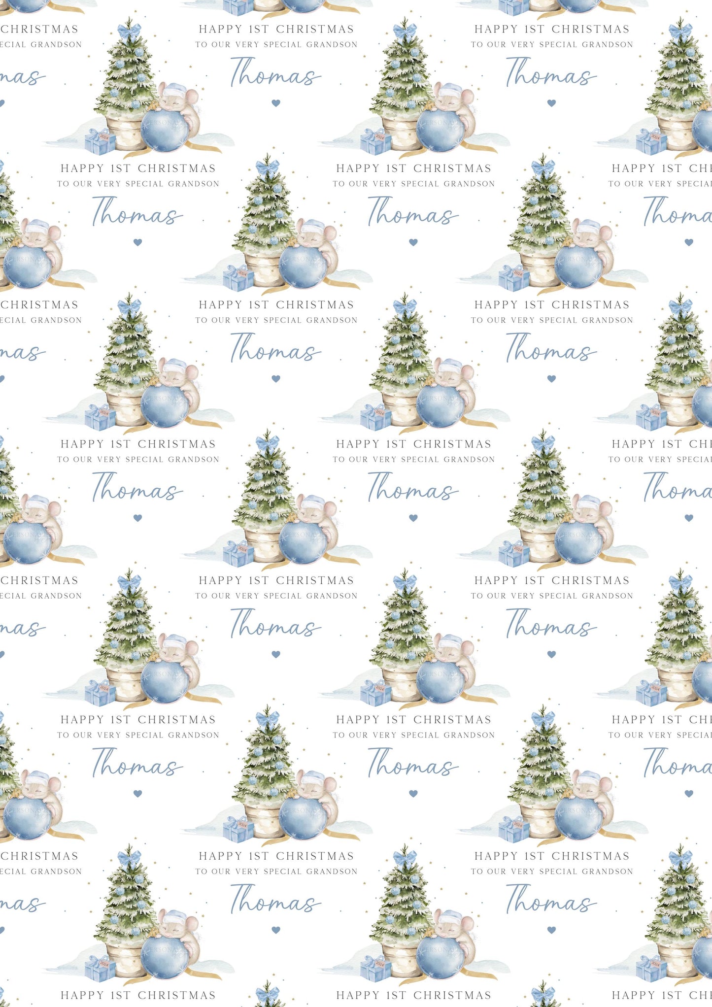 Boy's First Christmas Cute Mouse Gift Wrapping Paper, Personalised Boy's 1st Xmas Wrapping Paper, 1st Xmas Gift Wrap, Blue First Christmas