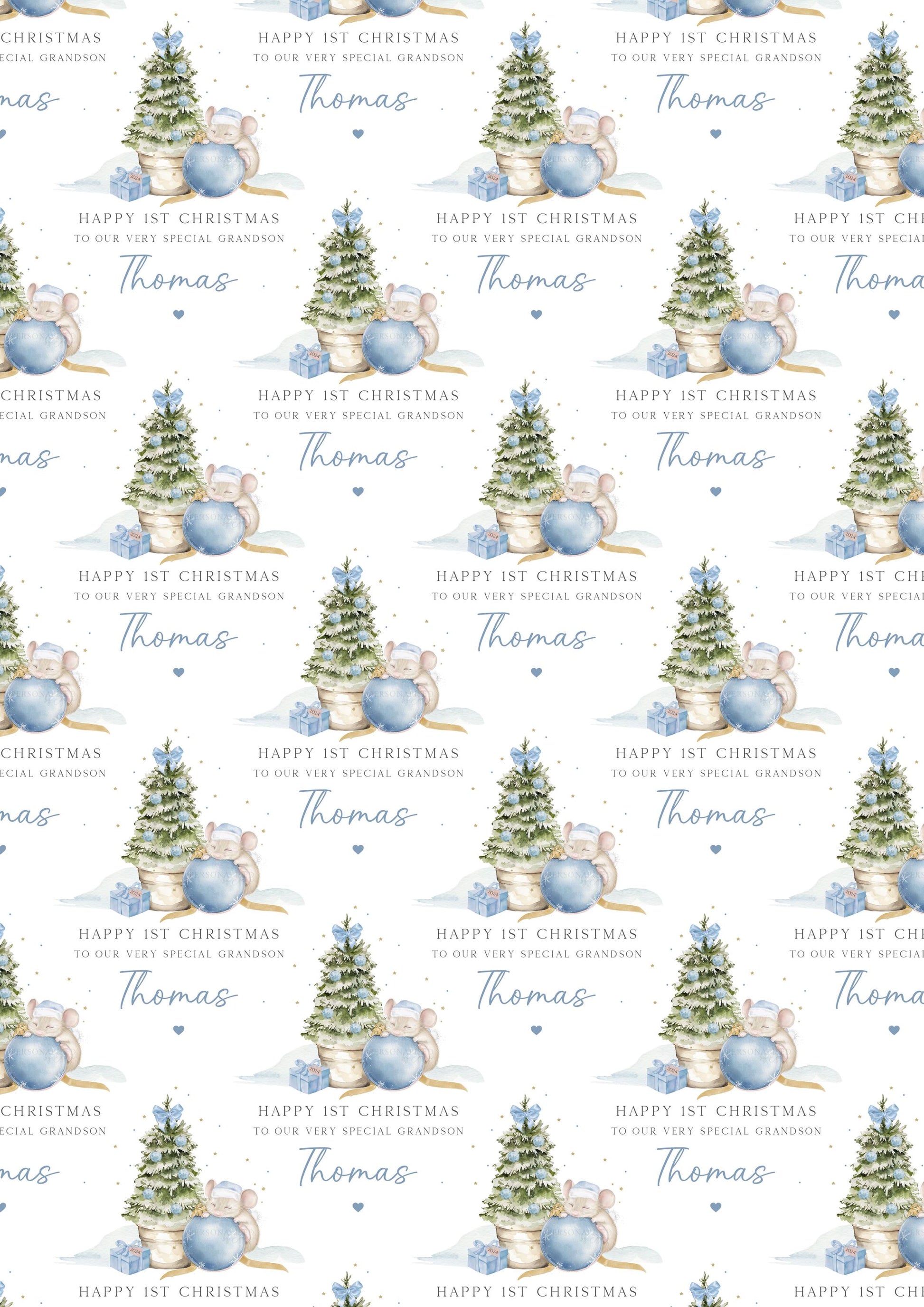 Boy's First Christmas Cute Mouse Gift Wrapping Paper, Personalised Boy's 1st Xmas Wrapping Paper, 1st Xmas Gift Wrap, Blue First Christmas