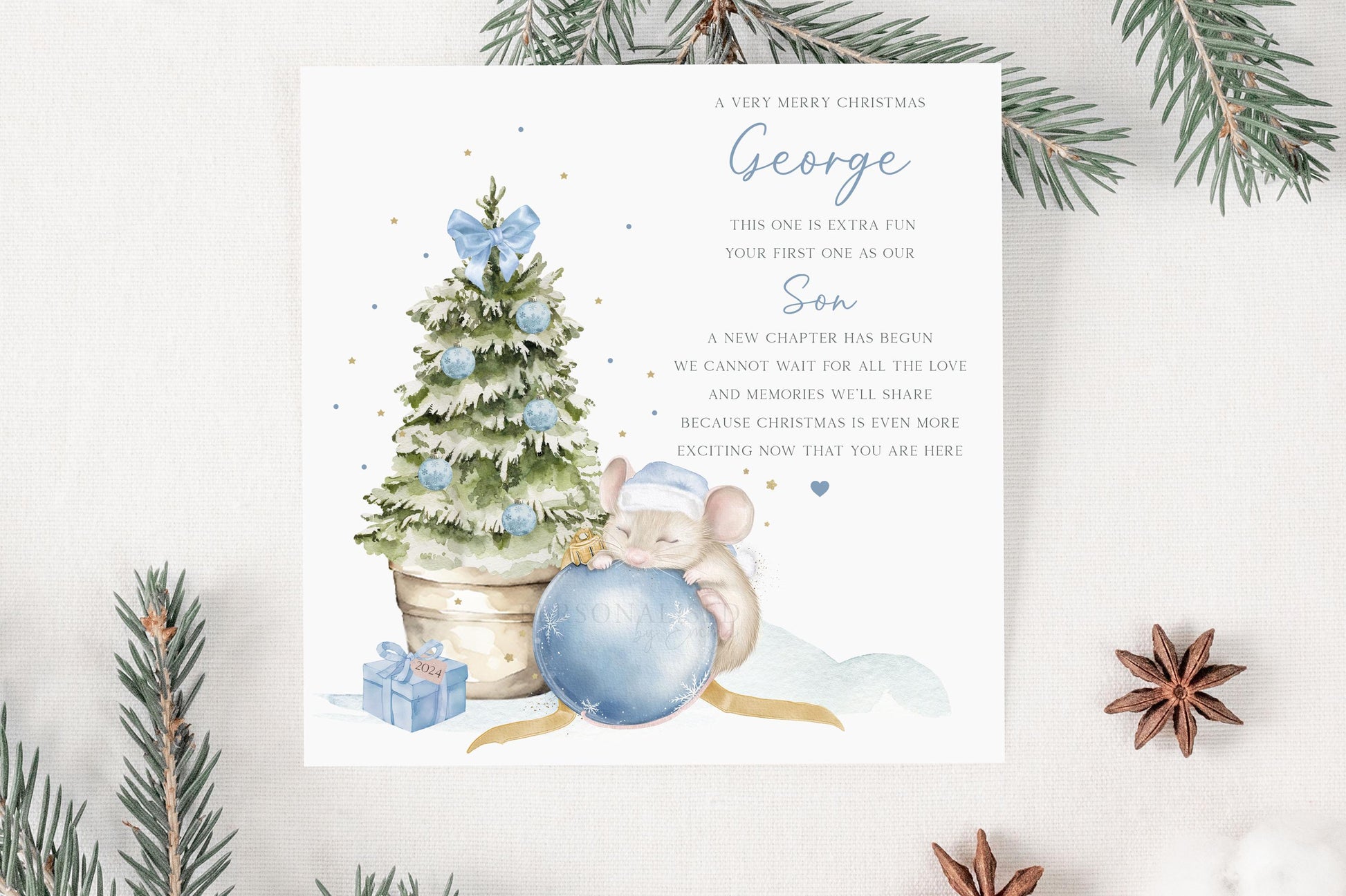 Boy's First Christmas Cute Mouse Gift Wrapping Paper, Personalised Boy's 1st Xmas Wrapping Paper, 1st Xmas Gift Wrap, Blue First Christmas