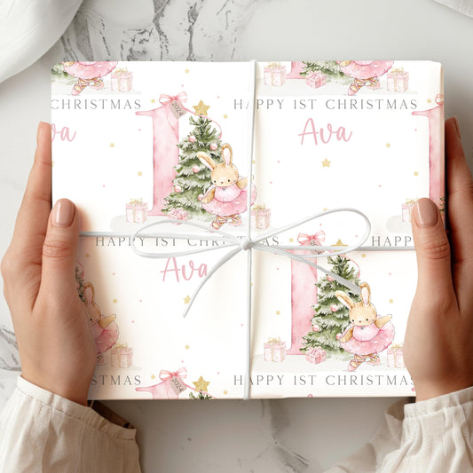 Girl's First Christmas Pink Gift Wrapping Paper, Personalised Girl's 1st Xmas Wrapping Paper, 1st Christmas Gift Wrap, Pink First Christmas