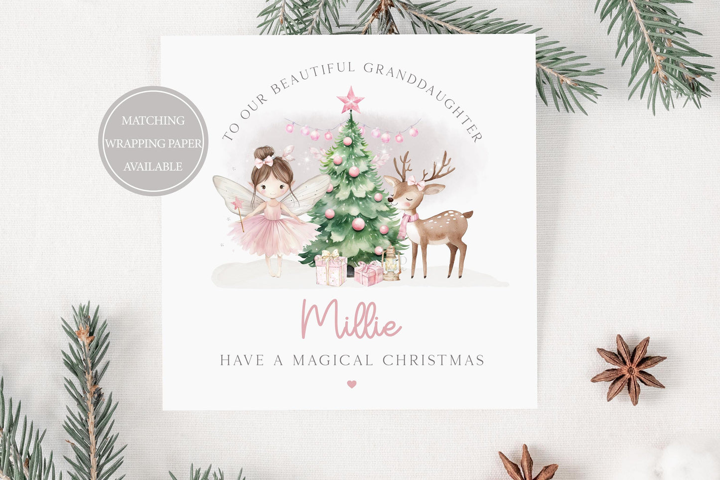 Girl's Fairy Christmas Card, Personalised Pink Christmas Card for Daughter, Granddaughter, Sister, Niece, Goddaughter, Special Little Girl