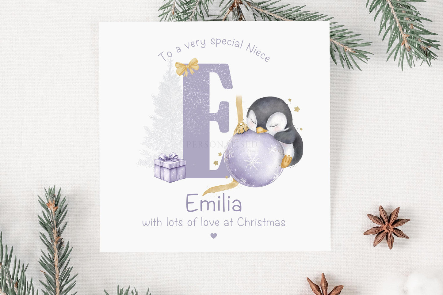 Girl's Christmas Card, Personalised Christmas Card for Daughter, Granddaughter, Niece, Goddaughter, Special Girl, Cute Penguin on Bauble