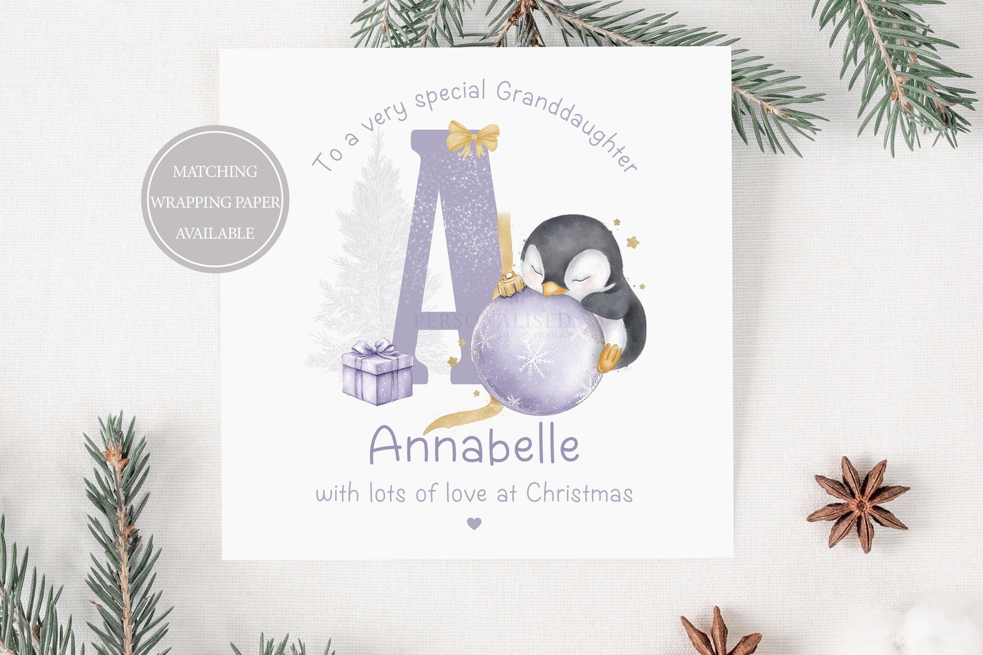 Girl's Christmas Card, Personalised Christmas Card for Daughter, Granddaughter, Niece, Goddaughter, Special Girl, Cute Penguin on Bauble