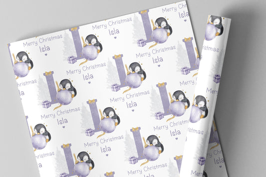 Girl's Christmas Gift Wrapping Paper, Personalised Girl's Penguin Christmas Wrapping Paper for Daughter, Granddaughter, Lilac Xmas Gift Wrap