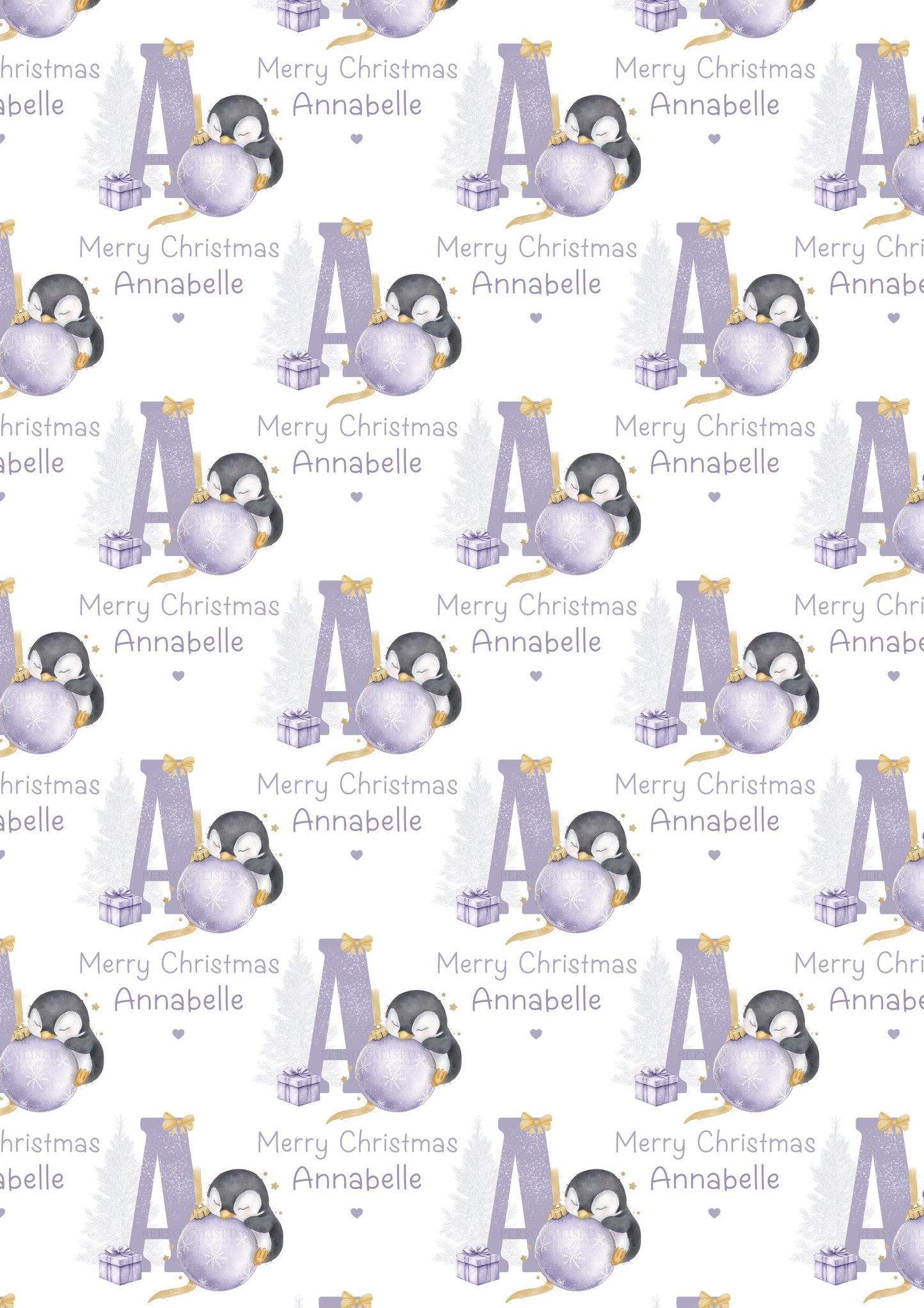 Girl's Christmas Gift Wrapping Paper, Personalised Girl's Penguin Christmas Wrapping Paper for Daughter, Granddaughter, Lilac Xmas Gift Wrap