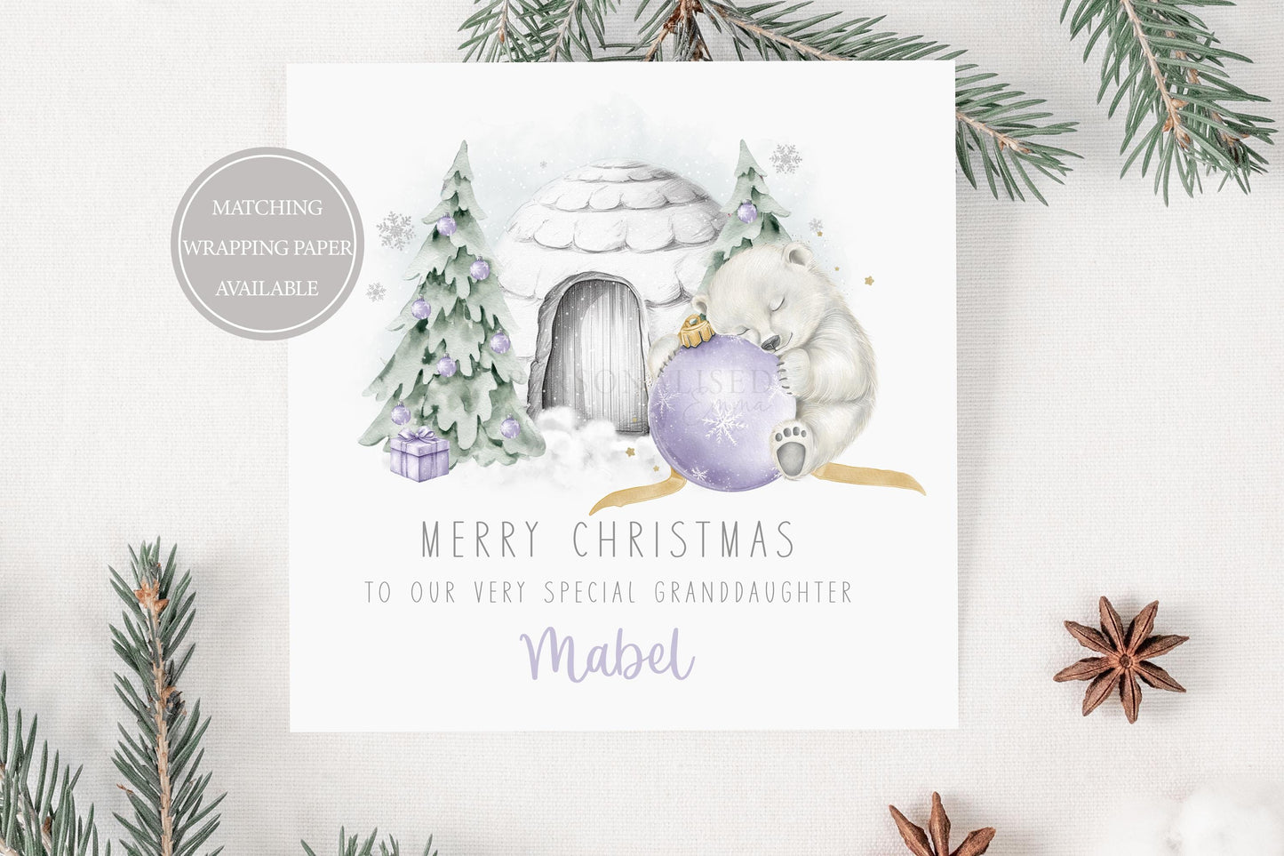 Girl's Christmas Card, Personalised Christmas Card for Daughter, Granddaughter, Sister, Niece, Goddaughter, Little Girl, Lilac Polar Bear