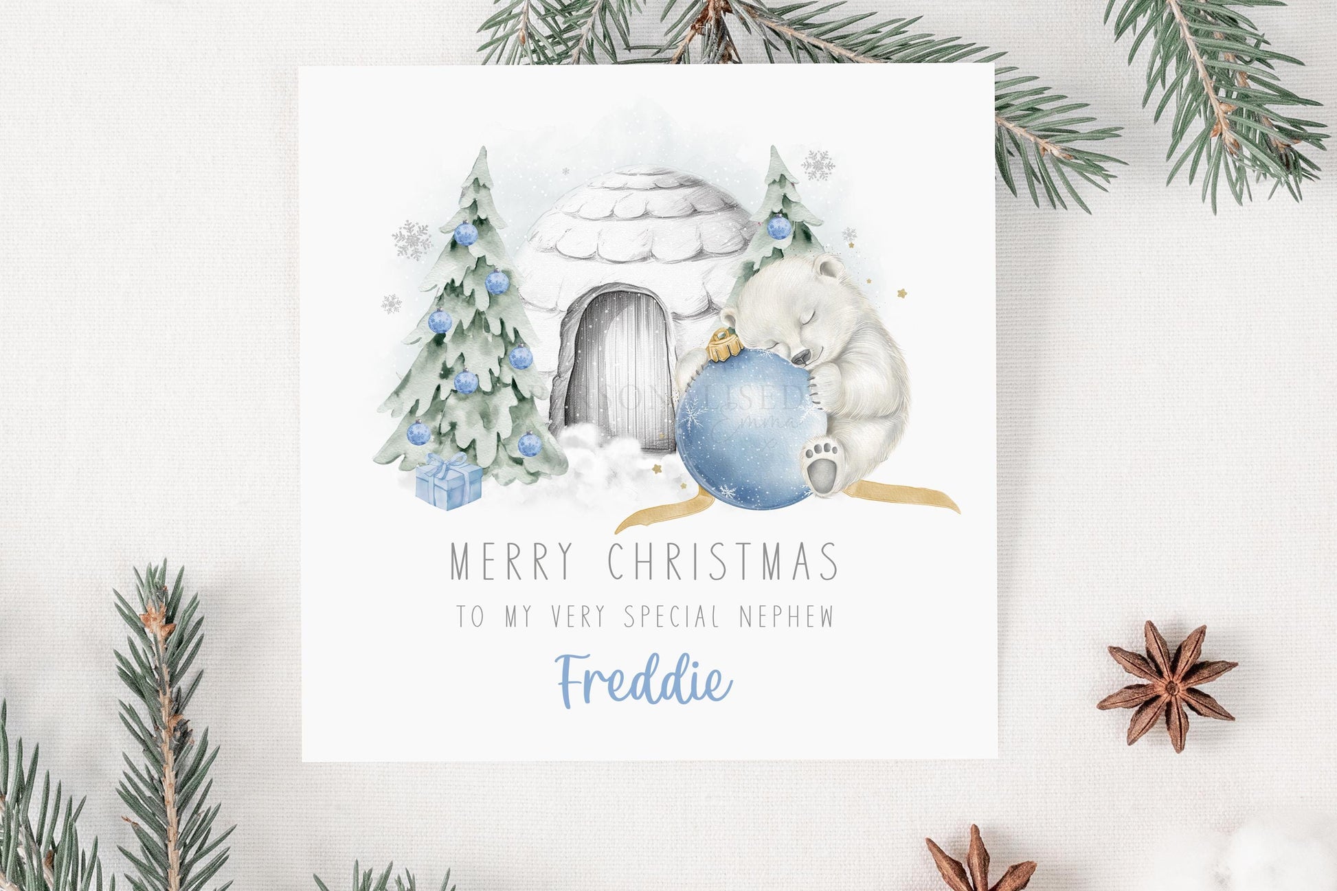 Children's Christmas Card Personalised for Son, Grandson, Nephew, Godson, Special Little Boy, Polar Bear Blue Bauble, Kid's Christmas Card