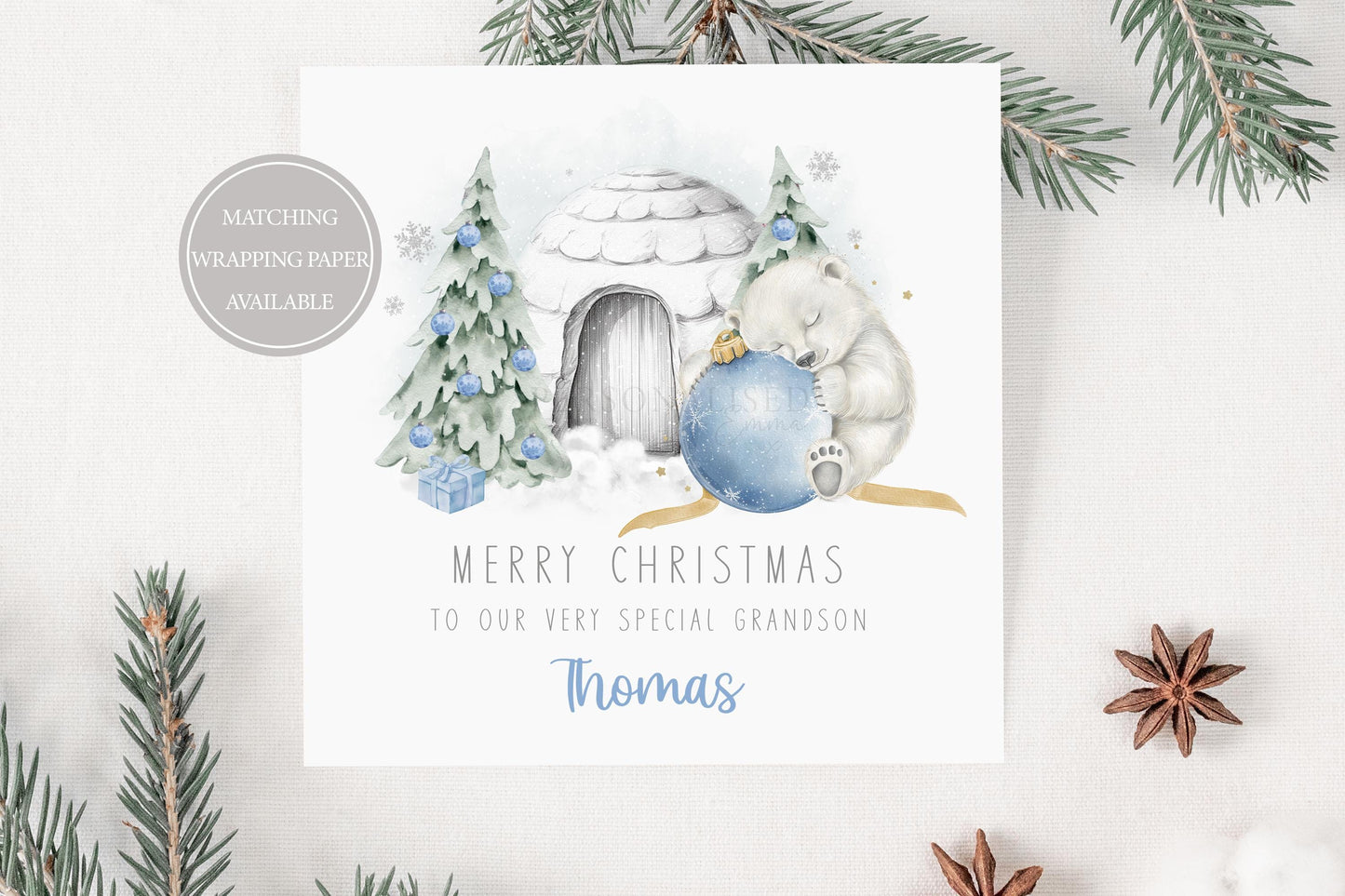 Children's Christmas Card Personalised for Son, Grandson, Nephew, Godson, Special Little Boy, Polar Bear Blue Bauble, Kid's Christmas Card