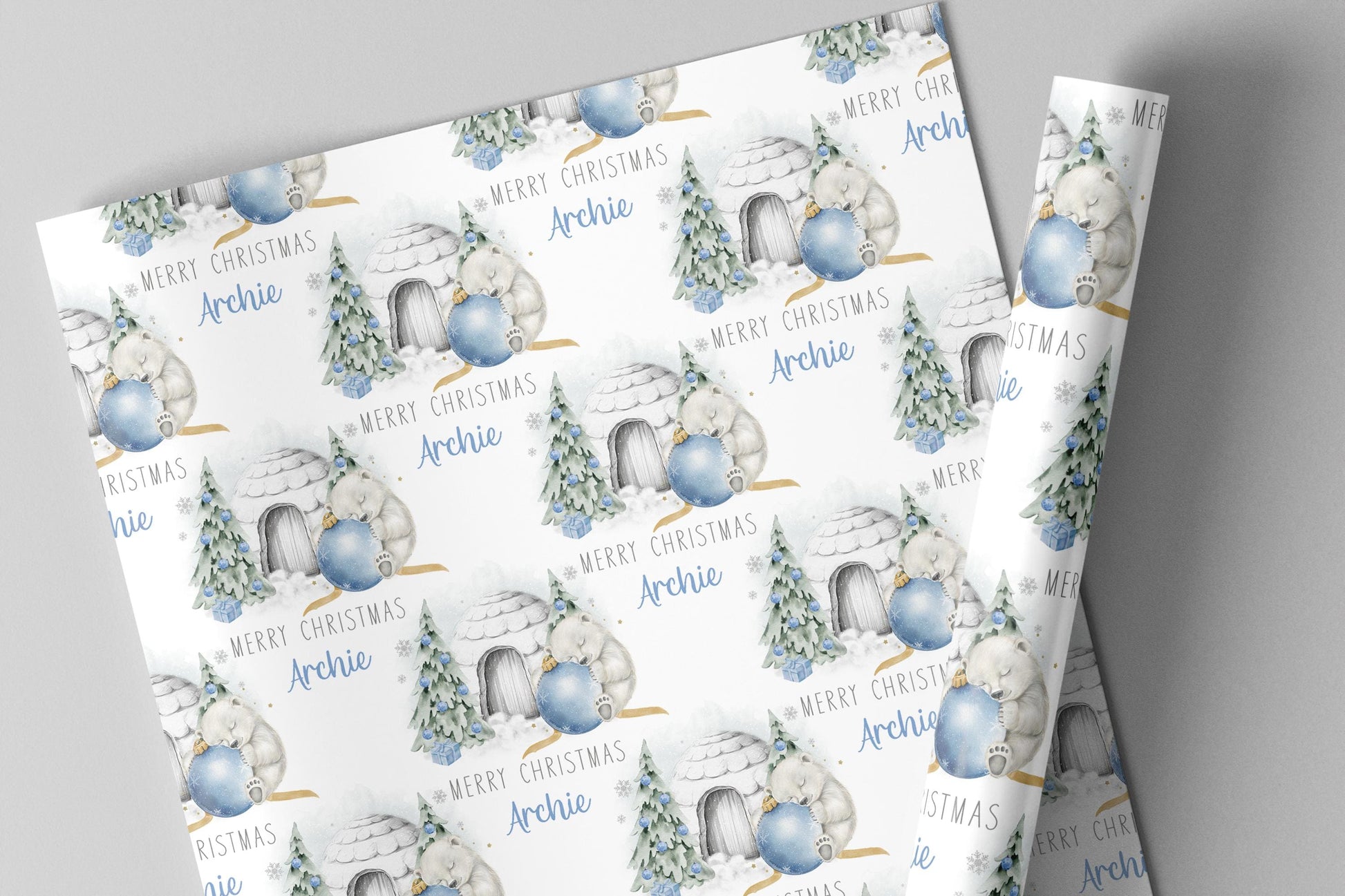 Kids Christmas Gift Wrapping Paper, Personalised Polar Bear Blue Bauble Xmas Wrapping Paper, Cute Xmas Gift Wrap for Little Boy, 1st Xmas