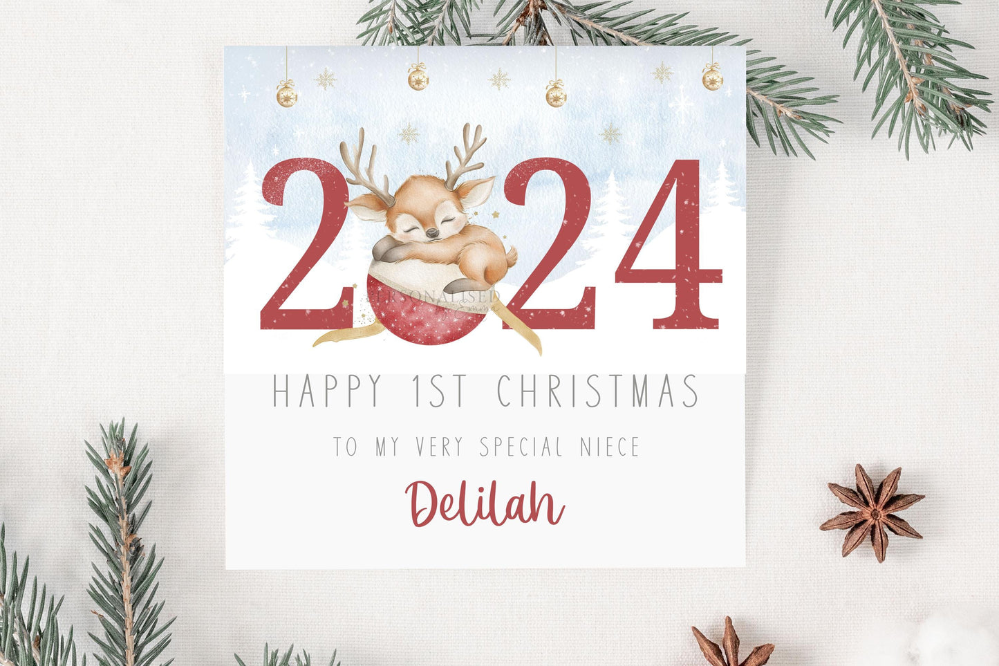 Baby Girl's First Christmas Card, Personalised Girls 1st Christmas Card for Daughter, Granddaughter, Niece, Goddaughter, 1st Christmas 2024