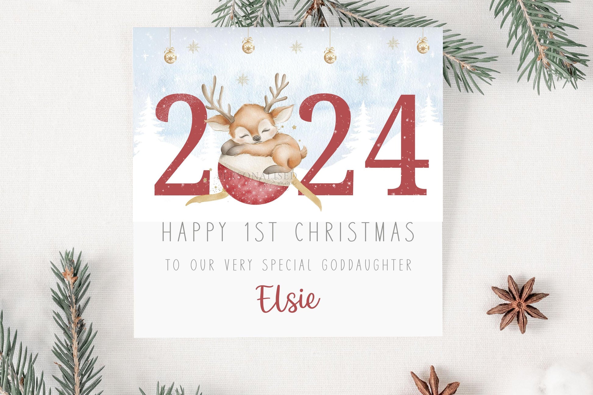 Baby Girl's First Christmas Card, Personalised Girls 1st Christmas Card for Daughter, Granddaughter, Niece, Goddaughter, 1st Christmas 2024