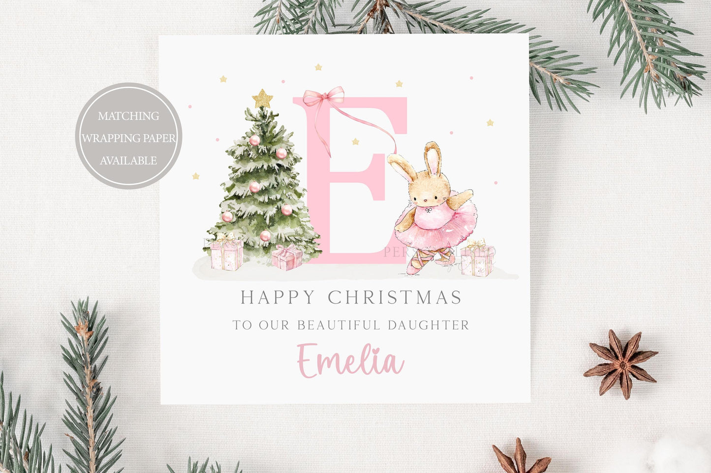 Girl's Christmas Card, Personalised Bunny Ballerina Christmas Card for Daughter, Granddaughter, Niece, Goddaughter, Special Girl, Pink Xmas