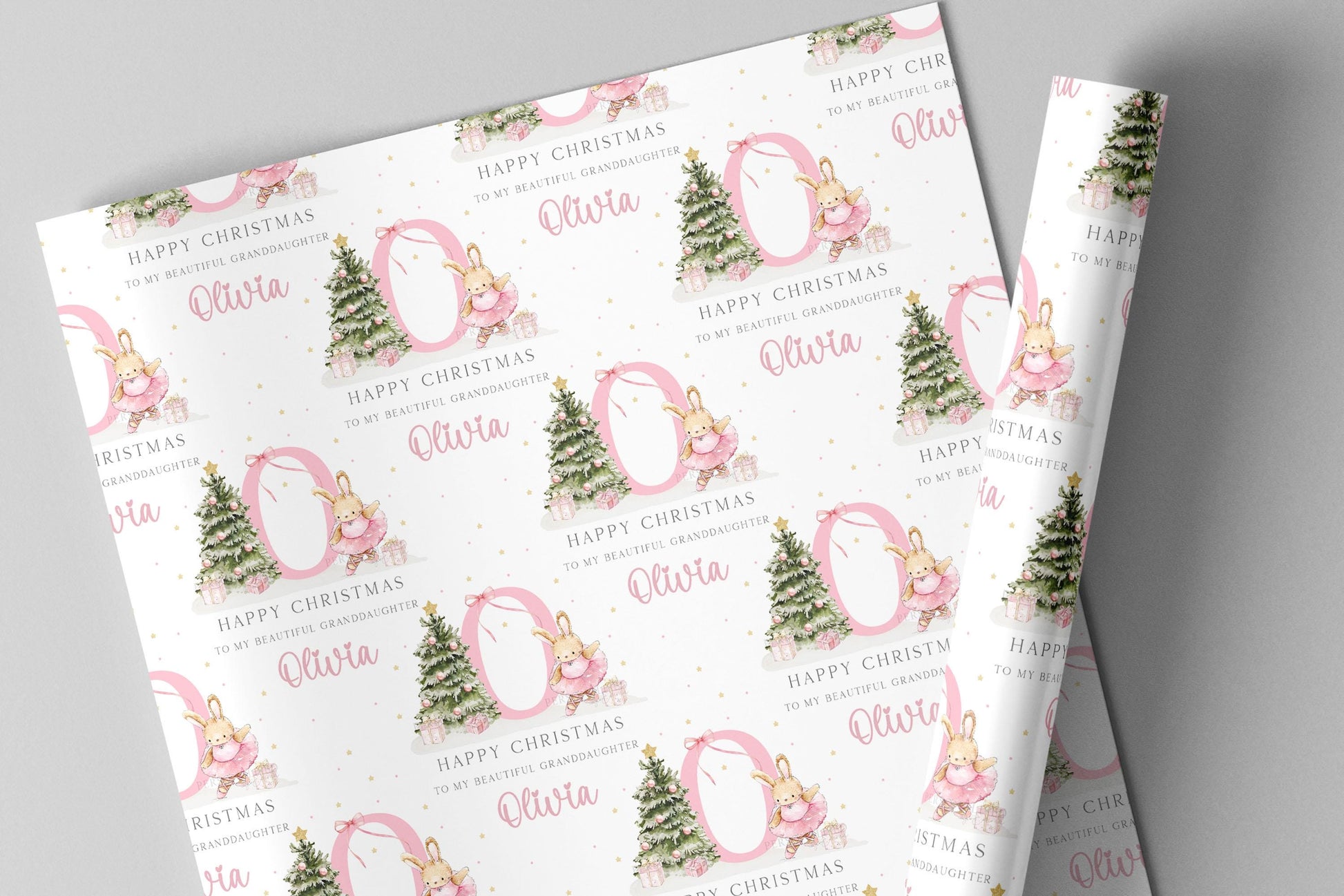 Girl's Christmas Gift Wrapping Paper, Personalised Girl's Christmas Wrapping Paper, Pink Bunny Ballerina Gift Wrap for Her, Pink Christmas