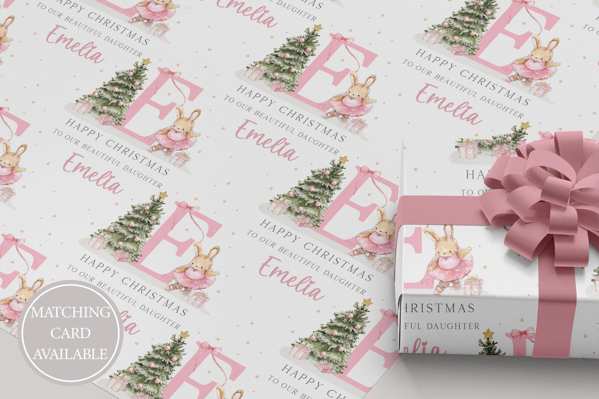 Girl's Christmas Gift Wrapping Paper, Personalised Girl's Christmas Wrapping Paper, Pink Bunny Ballerina Gift Wrap for Her, Pink Christmas