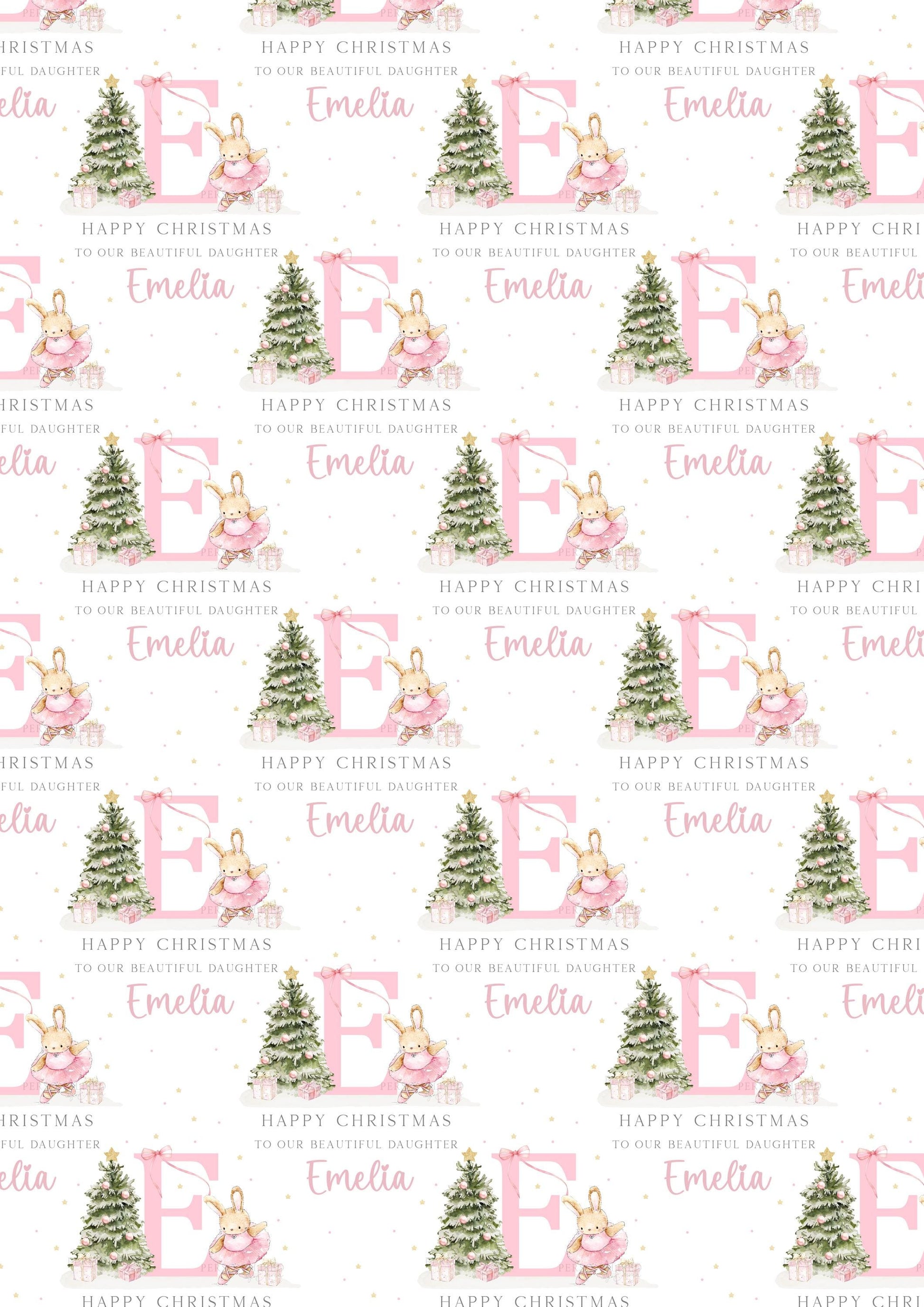 Girl's Christmas Gift Wrapping Paper, Personalised Girl's Christmas Wrapping Paper, Pink Bunny Ballerina Gift Wrap for Her, Pink Christmas