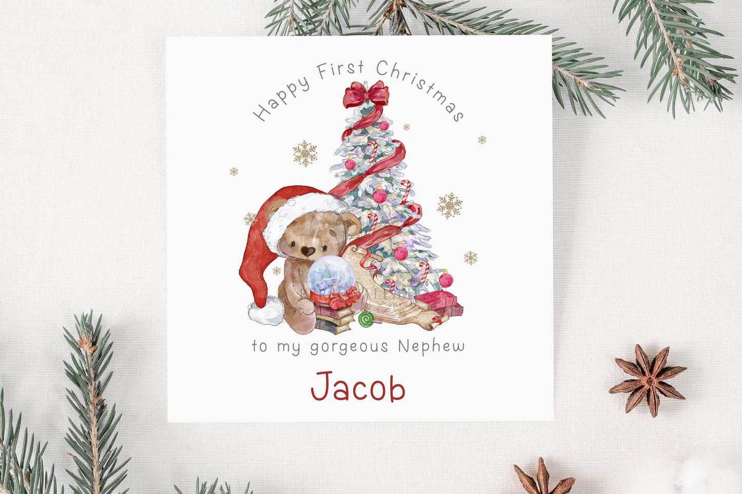 Personalised Baby's First Christmas Card, Teddy Bear 1st Xmas Card for Son, Daughter, Grandson, Granddaughter, Godson, Goddaughter, Boy Girl