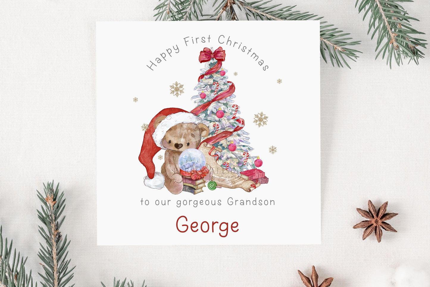 Personalised Baby's First Christmas Card, Teddy Bear 1st Xmas Card for Son, Daughter, Grandson, Granddaughter, Godson, Goddaughter, Boy Girl