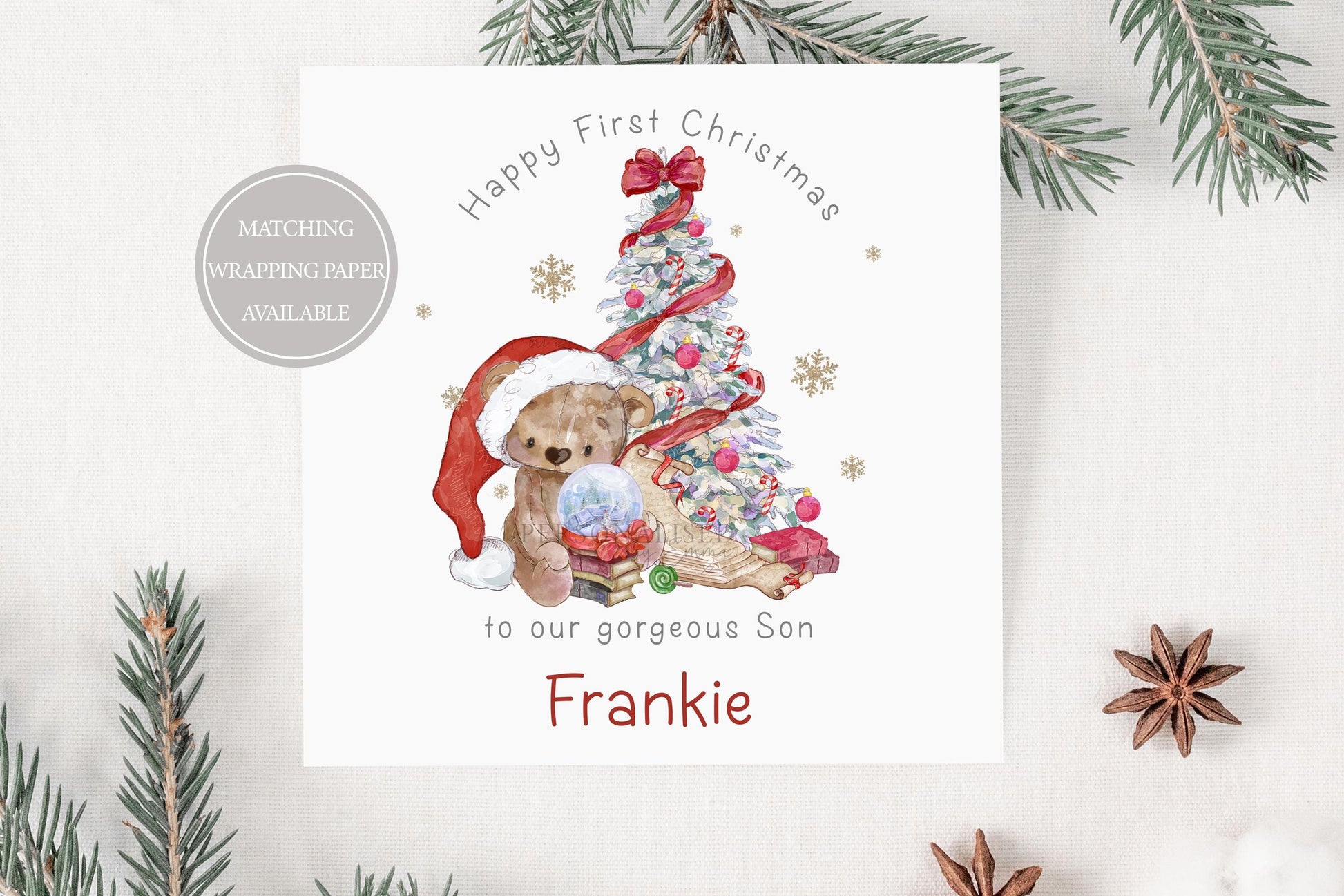 Personalised Baby's First Christmas Card, Teddy Bear 1st Xmas Card for Son, Daughter, Grandson, Granddaughter, Godson, Goddaughter, Boy Girl