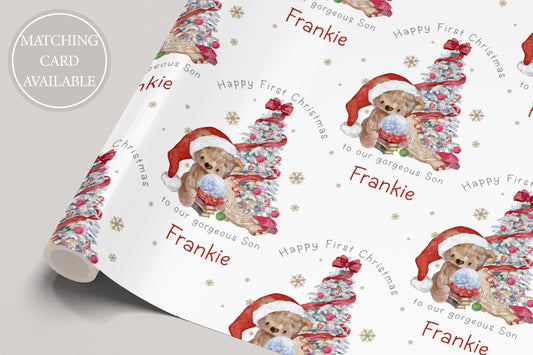 Baby's First Christmas Wrapping Paper, Personalised Boy's & Girl's 1st Christmas Gift Wrap, Cute Santa Teddy Xmas Wrapping Paper for Her Him