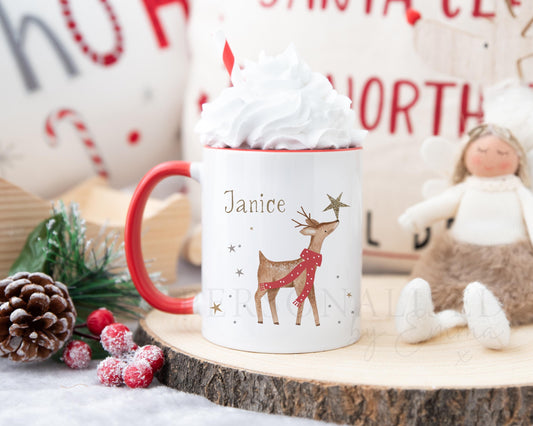 Personalised Christmas Mug for Her, Red Handled Reindeer Xmas Mug, Christmas Mug Gift, Hot Chocolate Mug, Christmas Eve Box, Stocking Filler