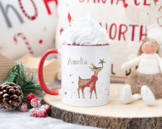 Personalised Christmas Mug for Her, Red Handled Reindeer Xmas Mug, Christmas Mug Gift, Hot Chocolate Mug, Christmas Eve Box, Stocking Filler