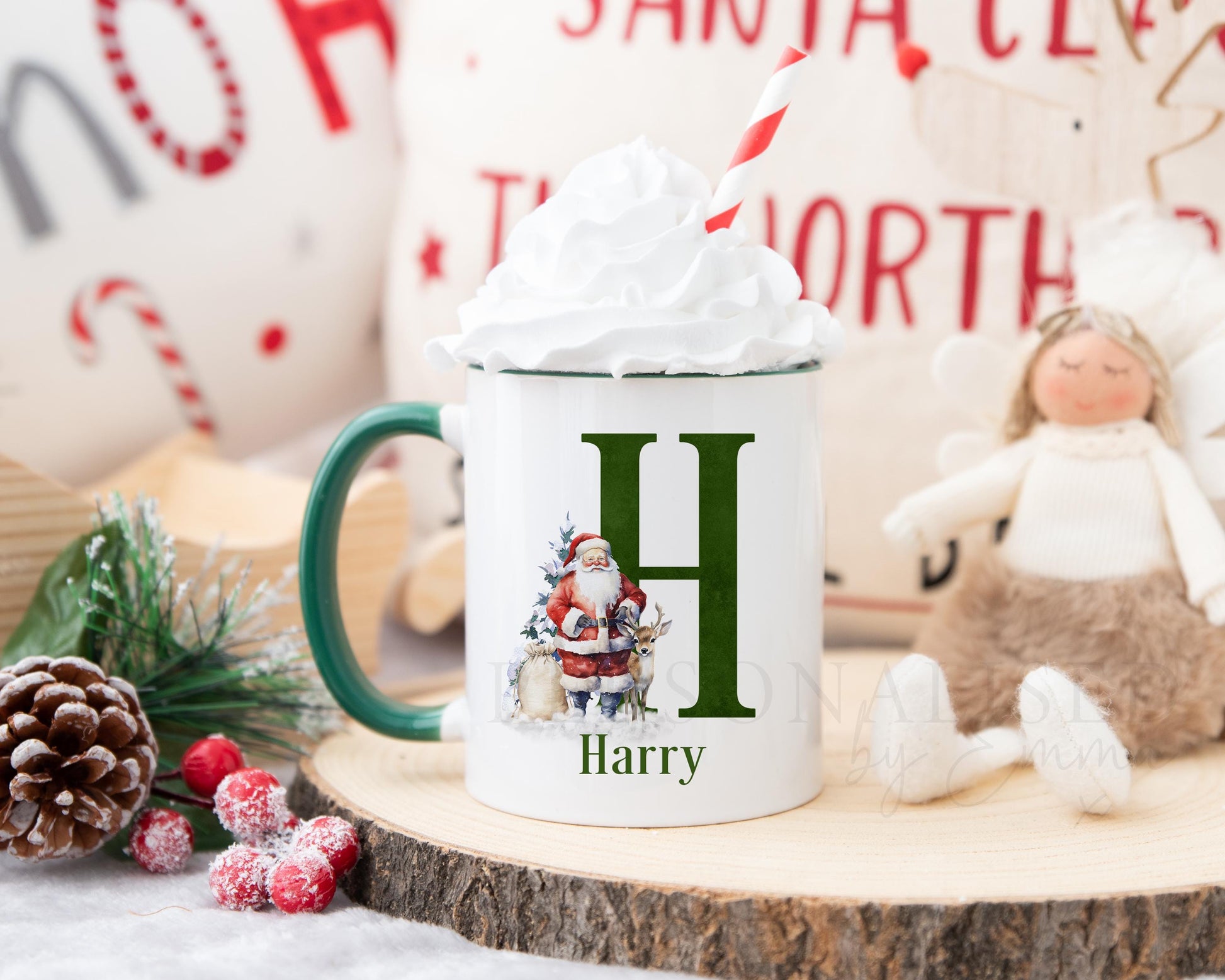 Personalised Santa Alphabet Mug, Red or Green Santa Mug, Family Christmas Mugs, Couple Christmas Mugs, Christmas Gift for Her for Him