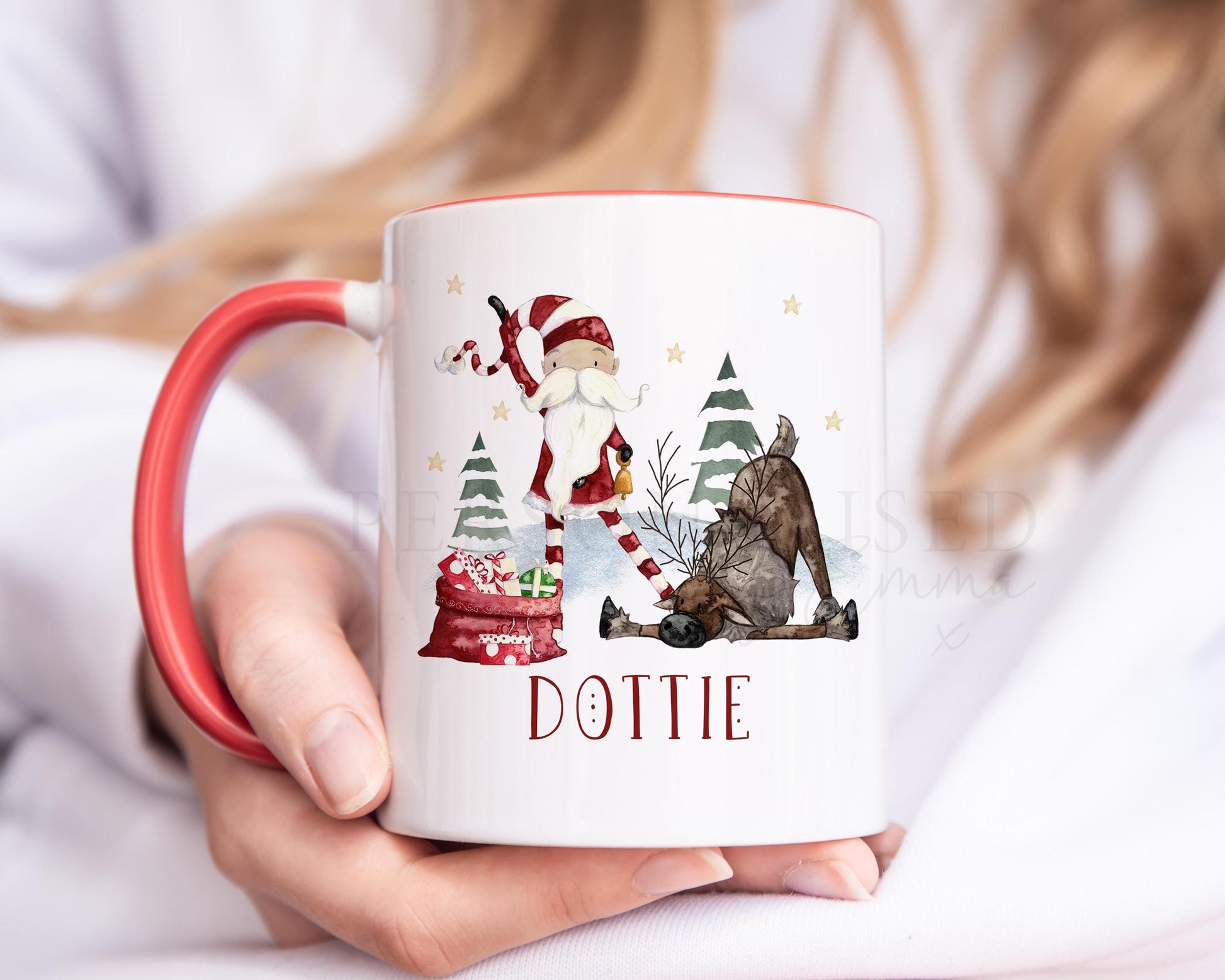 Personalised Christmas Mug, Red Silly Santa and Reindeer Mug, Christmas Movie Mug, Hot Chocolate Mug, Christmas Eve Box, Stocking Filler