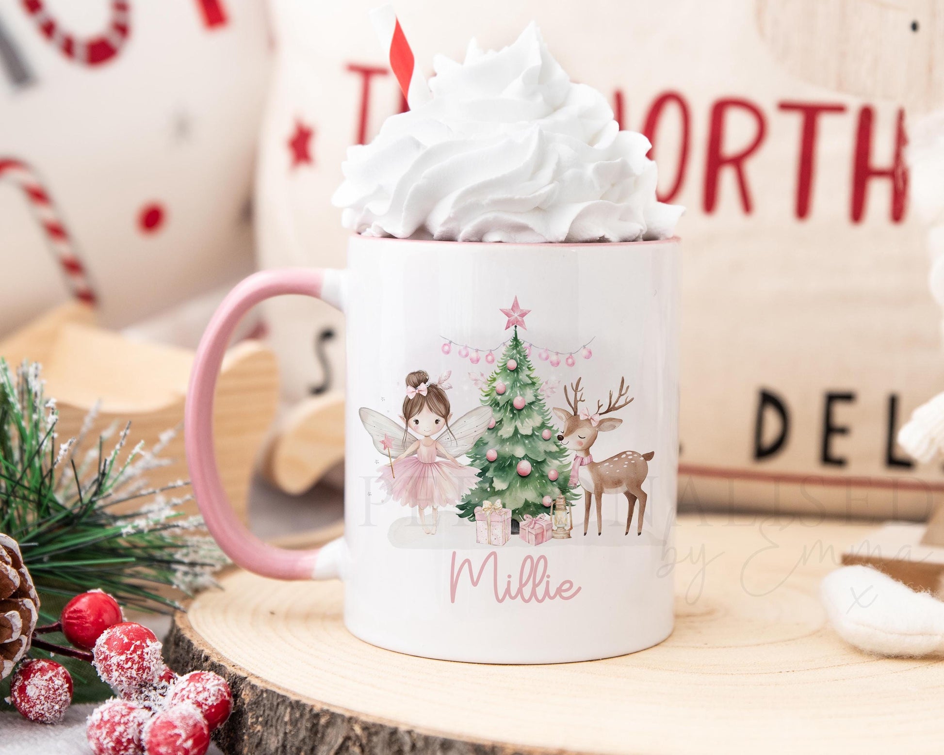 Personalised Pink Fairy Christmas Mug, Christmas Movie Mug, Hot Chocolate Mug, Christmas Eve Box Filler, Stocking Filler, Xmas Gift for Girl