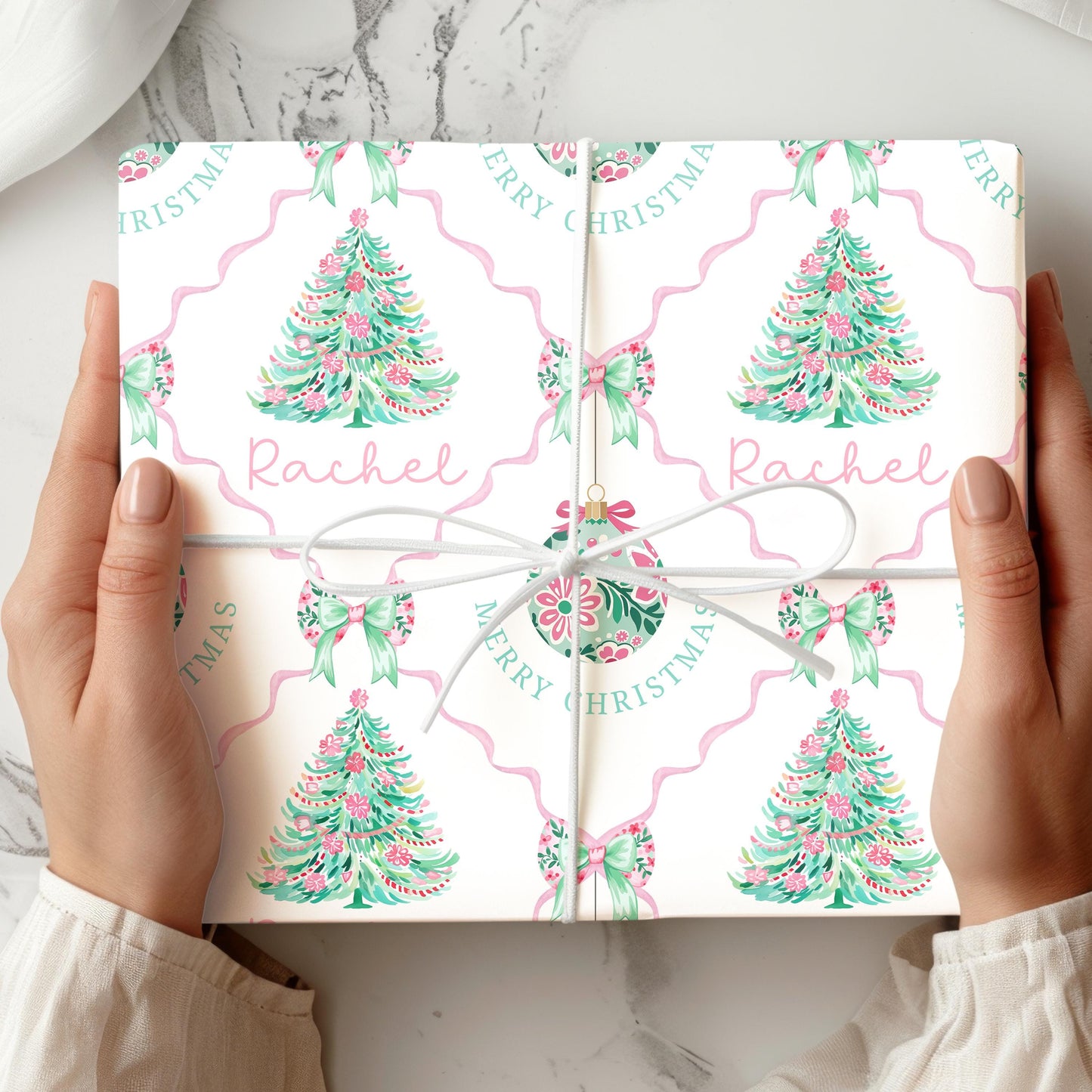 Christmas Gift Wrapping Paper for Her, Personalised Christmas Wrapping Paper for Mum, Daughter, Granddaughter, Pink and Green Trees Baubles