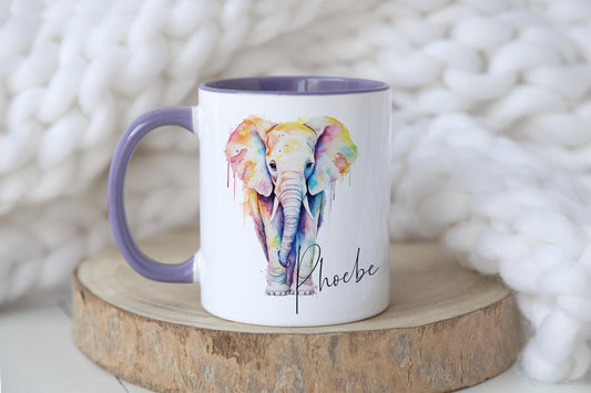 Personalised Elephant Mug, Tea Coffee Elephant Mug Gift, Choice of Mug Colours, Watercolour Rainbow Elephant Mug, Gift for Her, Gift for Him