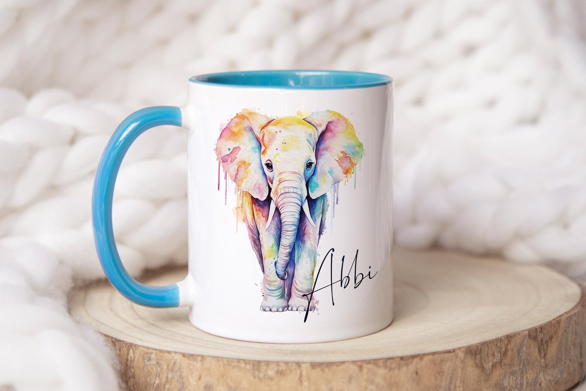 Personalised Elephant Mug, Tea Coffee Elephant Mug Gift, Choice of Mug Colours, Watercolour Rainbow Elephant Mug, Gift for Her, Gift for Him