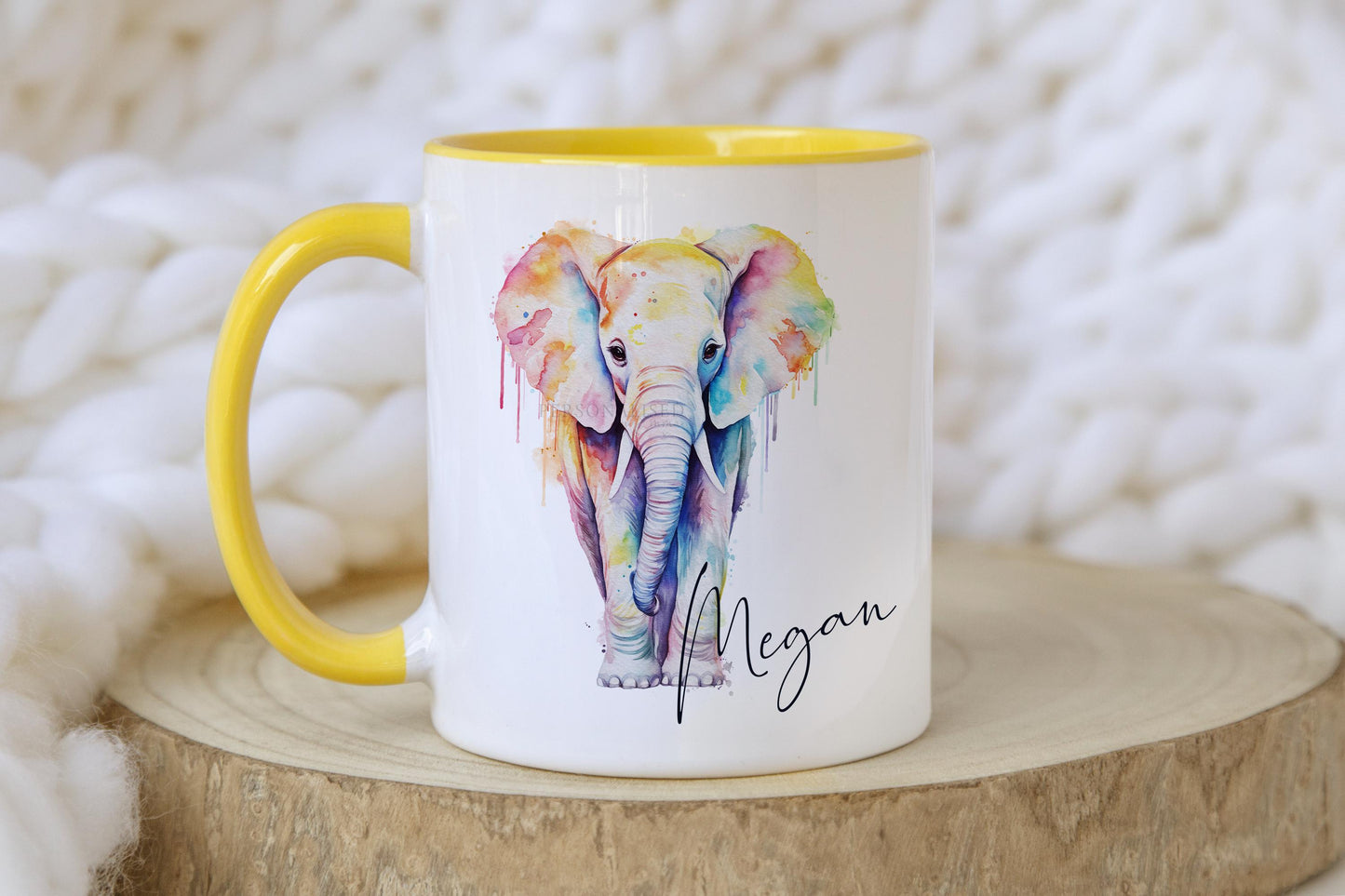 Personalised Elephant Mug, Tea Coffee Elephant Mug Gift, Choice of Mug Colours, Watercolour Rainbow Elephant Mug, Gift for Her, Gift for Him